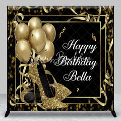 Lofaris Personalized Black and Gold Glitter High Heels Birthday Custom Backdrop Elegant Party Decor with Balloons