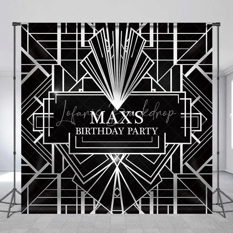 Lofaris Personalized Black and Silver Art Deco Custom Backdrop Geometric Gatsby Style Birthday Party Decor