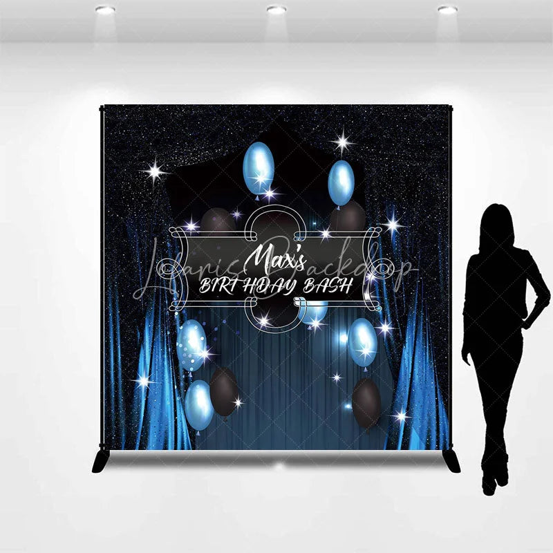 Lofaris Personalized Blue and Black Birthday Bash Backdrop Custom Name Sparkling Balloon Party Banner