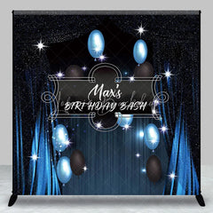 Lofaris Personalized Blue and Black Birthday Bash Backdrop Custom Name Sparkling Balloon Party Banner