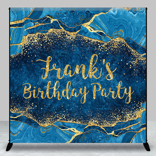 Lofaris Personalized Blue and Gold Agate Birthday Backdrop Elegant Marble Texture Custom Name Party Photo Booth Decor