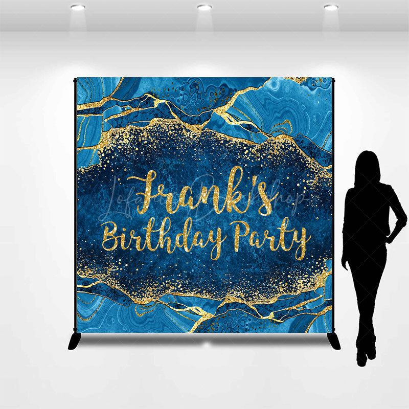 Lofaris Personalized Blue and Gold Agate Birthday Backdrop Elegant Marble Texture Custom Name Party Photo Booth Decor