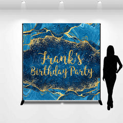 Lofaris Personalized Blue and Gold Agate Birthday Backdrop Elegant Marble Texture Custom Name Party Photo Booth Decor