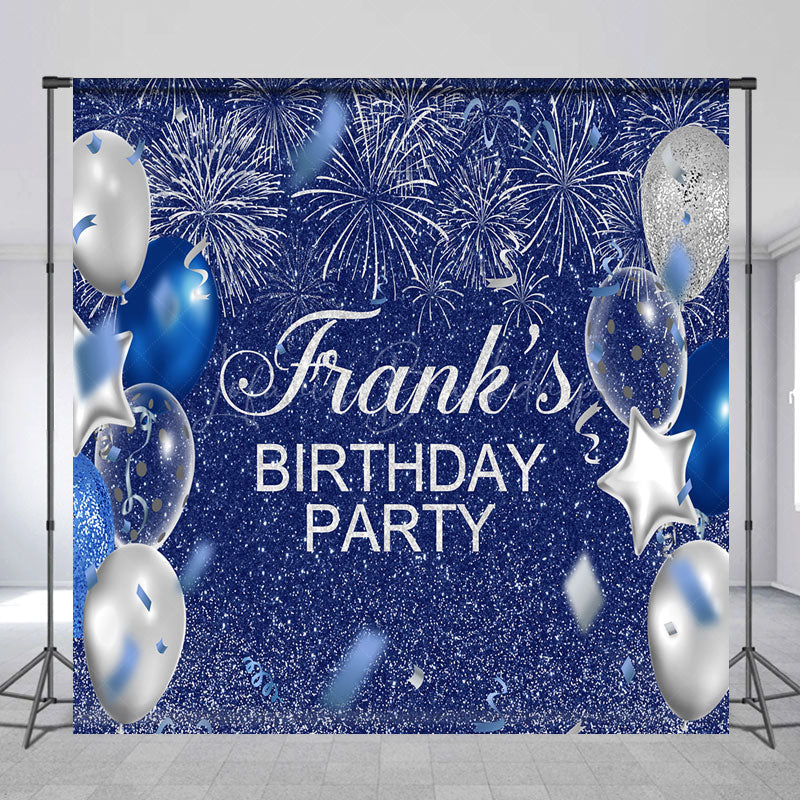 Lofaris Personalized Blue and Silver Birthday Backdrop Glitter Balloons Fireworks Custom Name Party Photo Booth