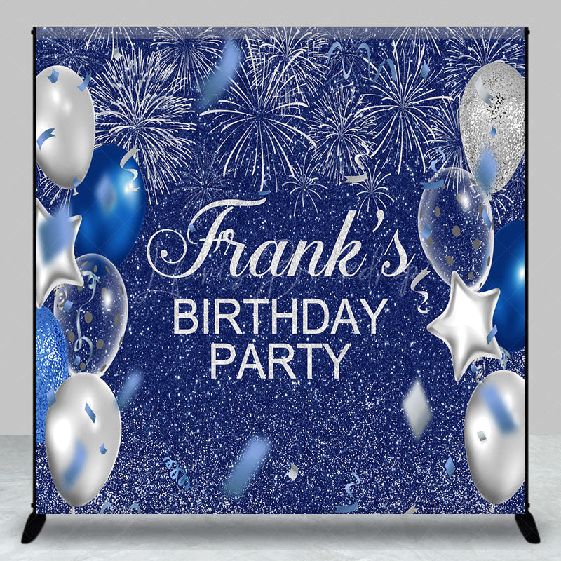Lofaris Personalized Blue and Silver Birthday Backdrop Glitter Balloons Fireworks Custom Name Party Photo Booth