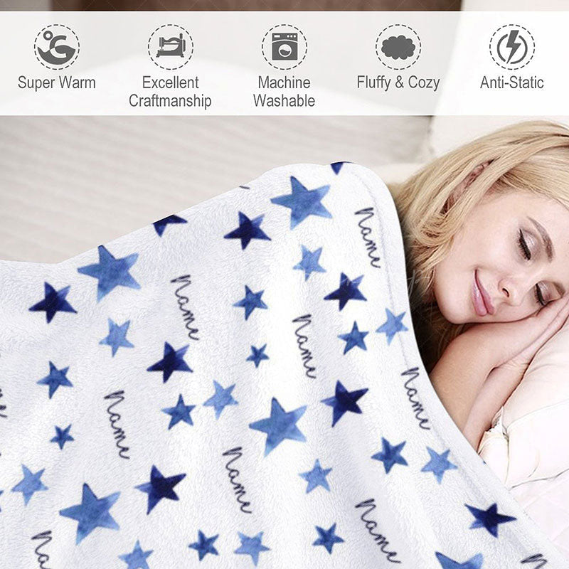 Lofaris Personalized Blue Starry Night Blanket with Custom Name Watercolor Stars for Baby Boy Nursery Decor Gift
