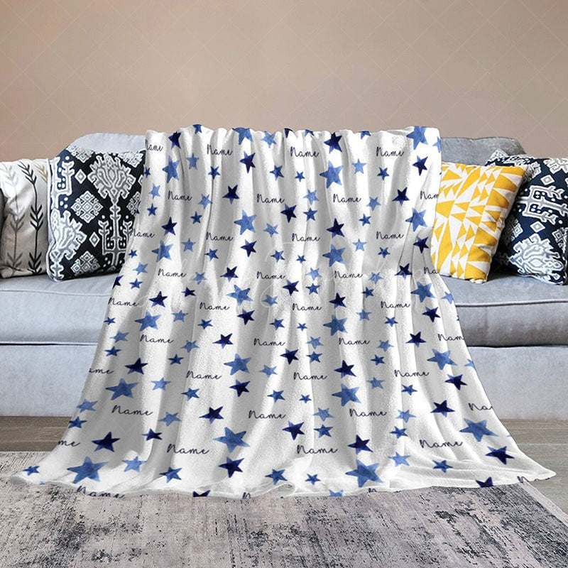 Lofaris Personalized Blue Starry Night Blanket with Custom Name Watercolor Stars for Baby Boy Nursery Decor Gift