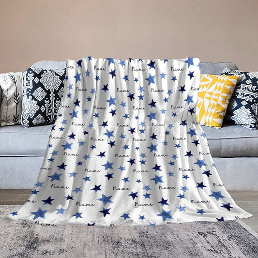 Lofaris Personalized Blue Starry Night Blanket with Custom Name Watercolor Stars for Baby Boy Nursery Decor Gift