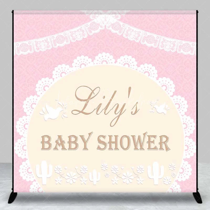 Lofaris Personalized Boho Pink Lace Baby Shower Backdrop Elegant Doves and Cactus Floral Party Decoration