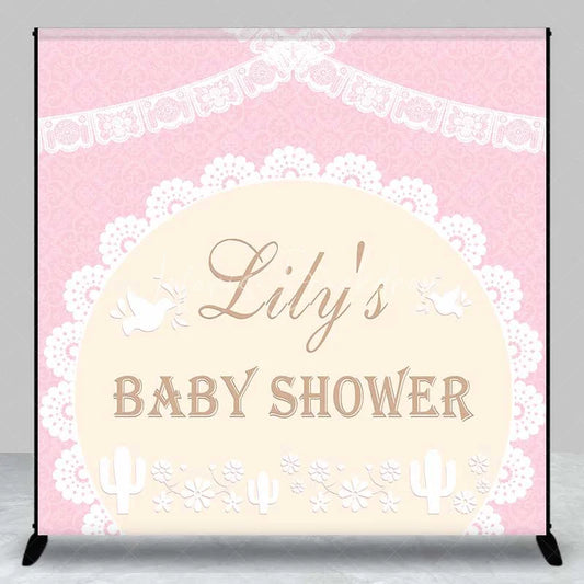 Lofaris Personalized Boho Pink Lace Baby Shower Backdrop Elegant Doves and Cactus Floral Party Decoration