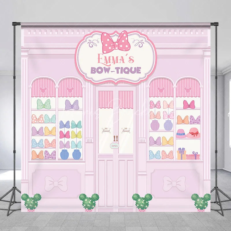 Lofaris Personalized Bow-Tique Birthday Backdrop Pink Mouse Ears and Bows Shop Custom Name Cartoon Party Photo Booth