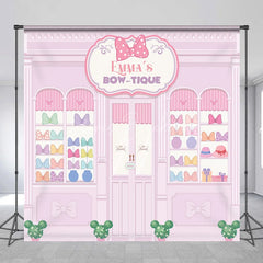 Lofaris Personalized Bow-Tique Birthday Backdrop Pink Mouse Ears and Bows Shop Custom Name Cartoon Party Photo Booth