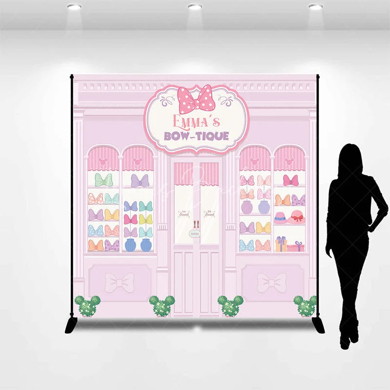 Lofaris Personalized Bow-Tique Birthday Backdrop Pink Mouse Ears and Bows Shop Custom Name Cartoon Party Photo Booth