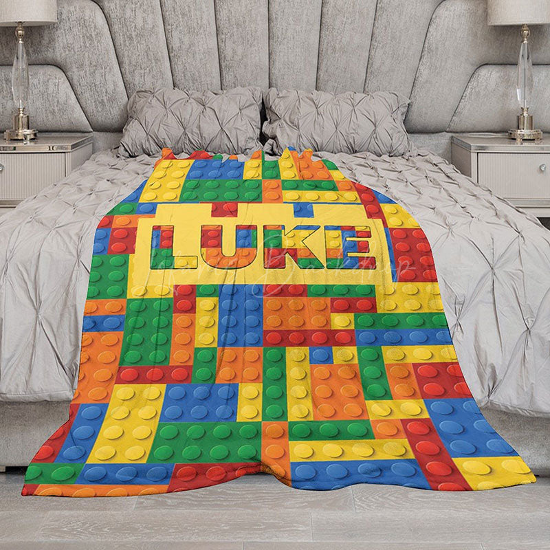 Lofaris Personalized Building Blocks Blanket with Custom Name Colorful Bricks for Boys Kids Room Playroom Decor