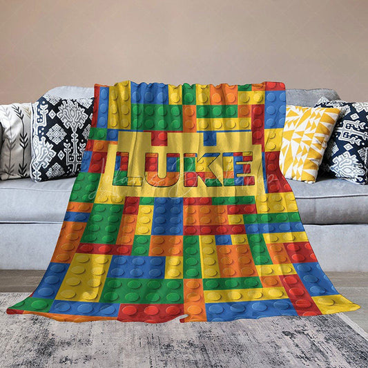 Lofaris Personalized Building Blocks Blanket with Custom Name Colorful Bricks for Boys Kids Room Playroom Decor