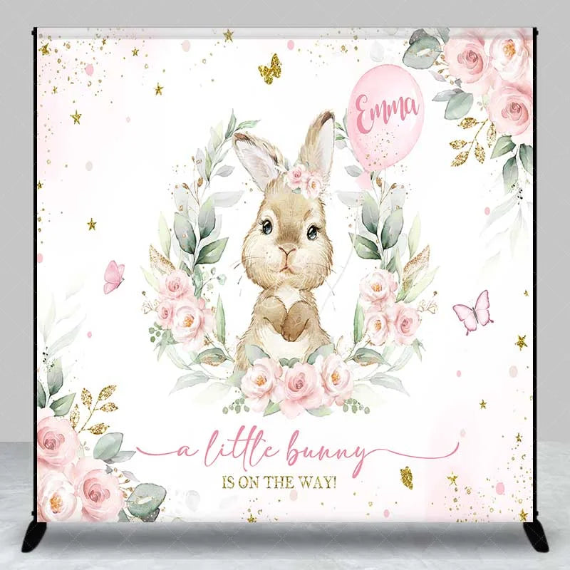 Lofaris Personalized Bunny Baby Shower Backdrop Pink Floral Rabbit and Greenery Girl Birthday Party Background