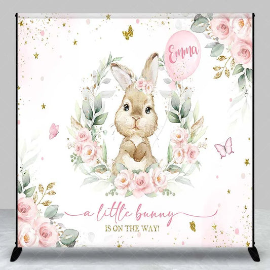 Lofaris Personalized Bunny Baby Shower Backdrop Pink Floral Rabbit and Greenery Girl Birthday Party Background