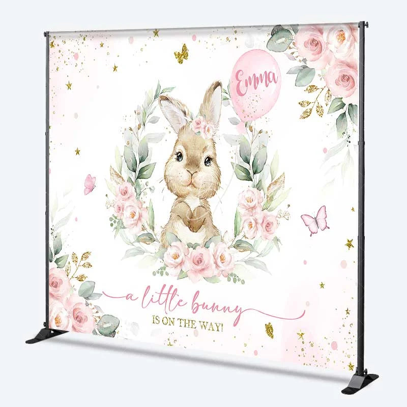 Lofaris Personalized Bunny Baby Shower Backdrop Pink Floral Rabbit and Greenery Girl Birthday Party Background