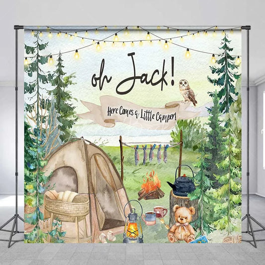Lofaris Personalized Camping Theme Backdrop Here Comes a Little Camper Forest Adventure Baby Shower Decoration