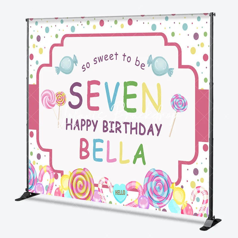 Lofaris Personalized Candy Land 7th Birthday Custom Backdrop Sweet Lollipops and Polka Dots Party Decor