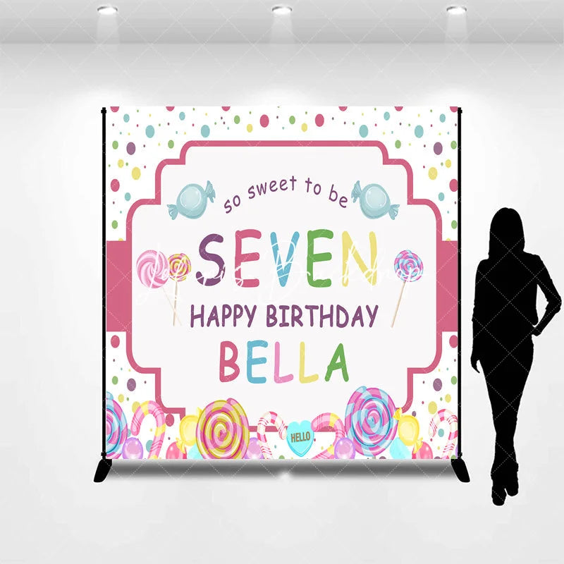 Lofaris Personalized Candy Land 7th Birthday Custom Backdrop Sweet Lollipops and Polka Dots Party Decor