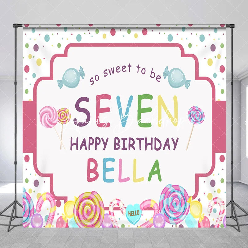 Lofaris Personalized Candy Land 7th Birthday Custom Backdrop Sweet Lollipops and Polka Dots Party Decor