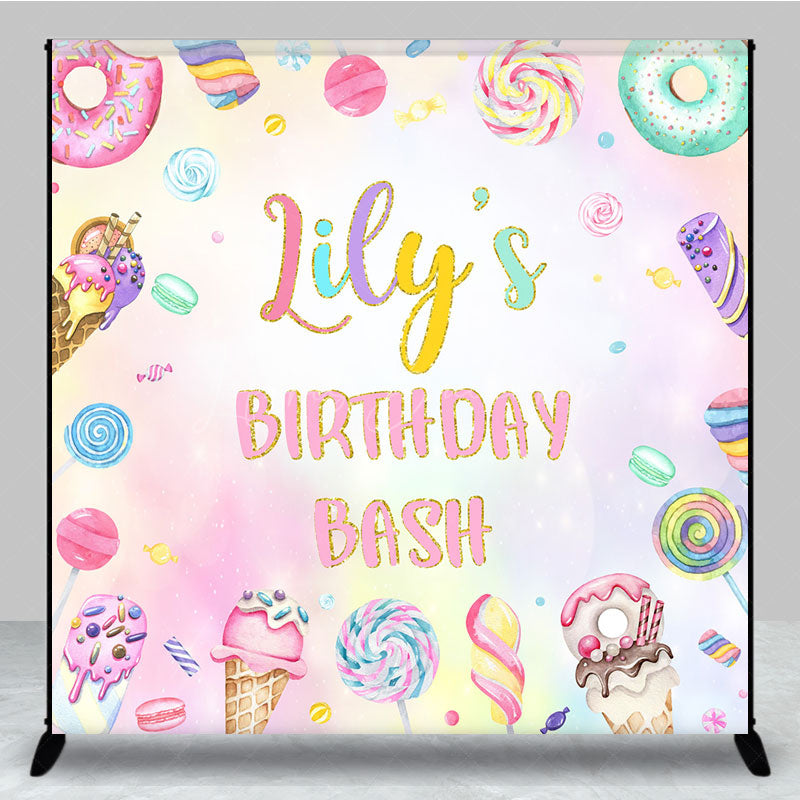 Lofaris Personalized Candyland Birthday Bash Backdrop Pastel Donut and Lollipop Theme Custom Name Sweet Shoppe Party