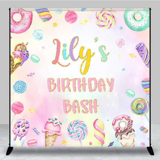 Lofaris Personalized Candyland Birthday Bash Backdrop Pastel Donut and Lollipop Theme Custom Name Sweet Shoppe Party