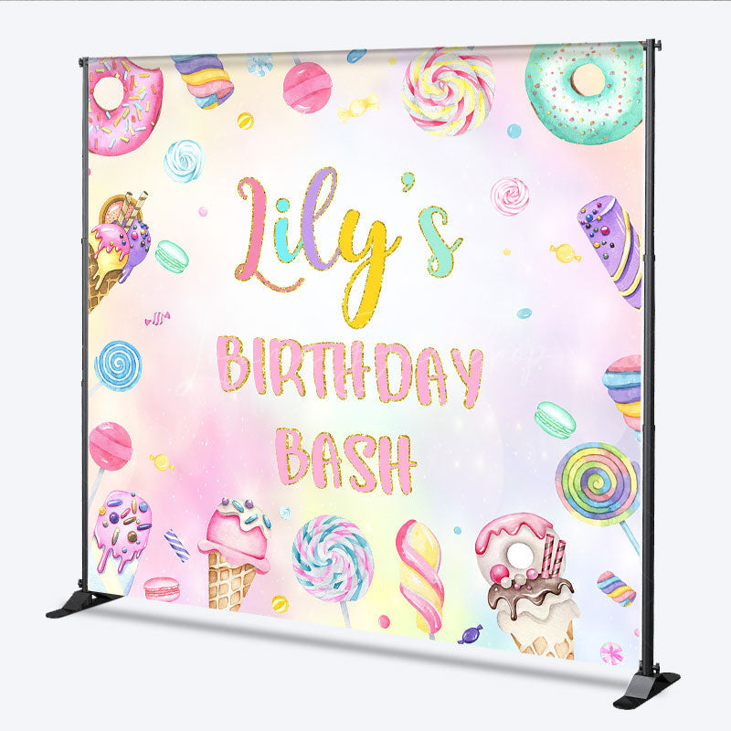 Lofaris Personalized Candyland Birthday Bash Backdrop Pastel Donut and Lollipop Theme Custom Name Sweet Shoppe Party