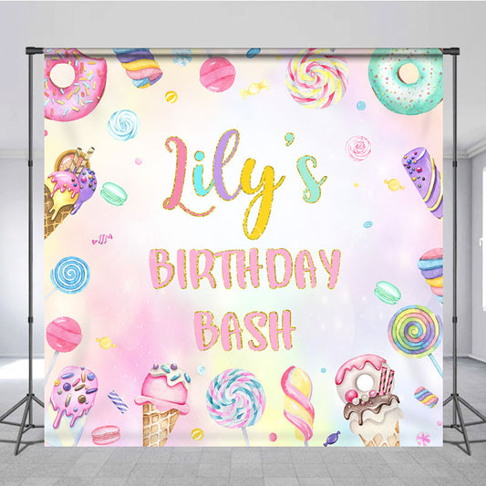 Lofaris Personalized Candyland Birthday Bash Backdrop Pastel Donut and Lollipop Theme Custom Name Sweet Shoppe Party