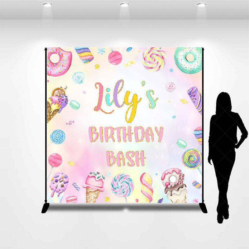 Lofaris Personalized Candyland Birthday Bash Backdrop Pastel Donut and Lollipop Theme Custom Name Sweet Shoppe Party