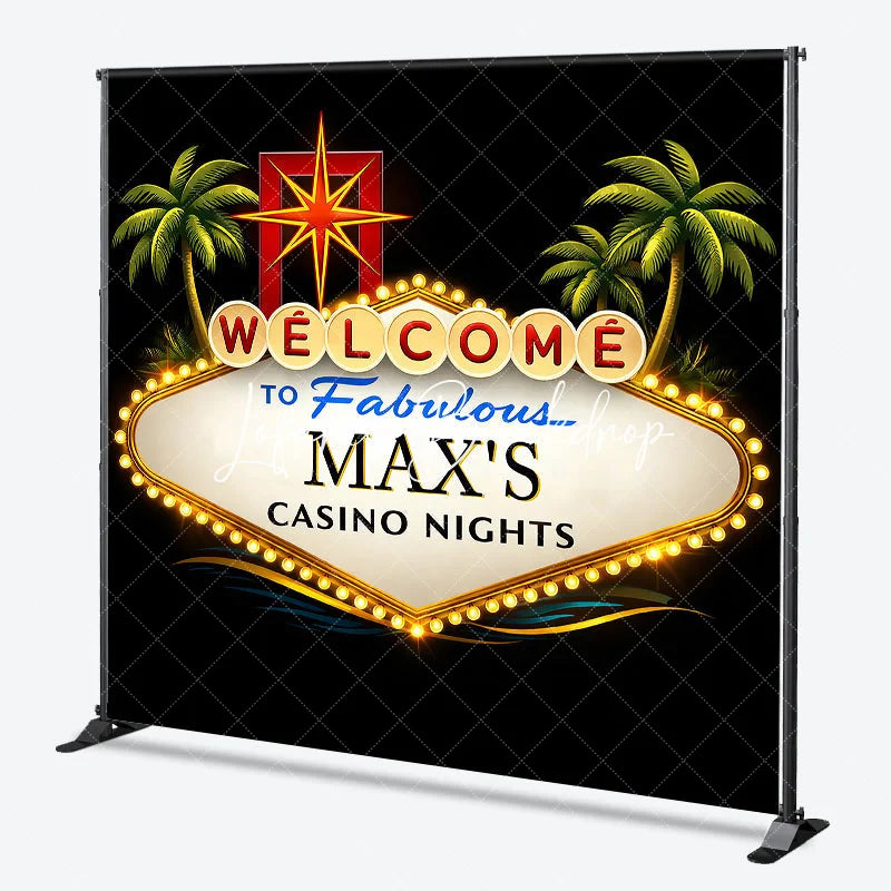 Lofaris Personalized Casino Nights Custom Backdrop Welcome Sign with Palm Trees and Starburst for Party Decor