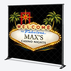 Lofaris Personalized Casino Nights Custom Backdrop Welcome Sign with Palm Trees and Starburst for Party Decor
