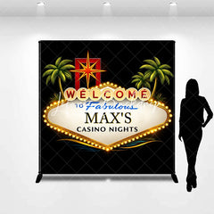 Lofaris Personalized Casino Nights Custom Backdrop Welcome Sign with Palm Trees and Starburst for Party Decor