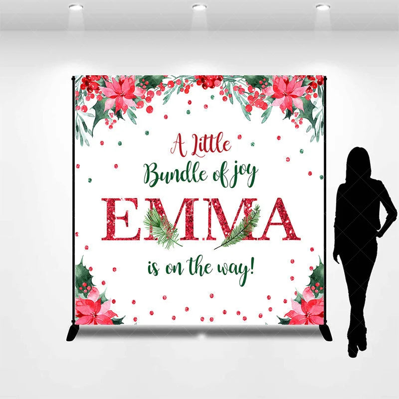 Lofaris Personalized Christmas Baby Shower Backdrop A Little Bundle of Joy Poinsettia Holly Glitter Decor