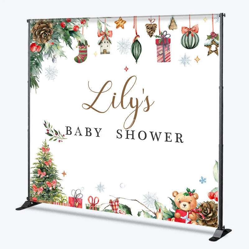 Lofaris Personalized Christmas Baby Shower Backdrop A Merry Little Holiday Teddy Bear Pine Decor