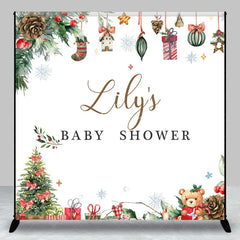 Lofaris Personalized Christmas Baby Shower Backdrop A Merry Little Holiday Teddy Bear Pine Decor