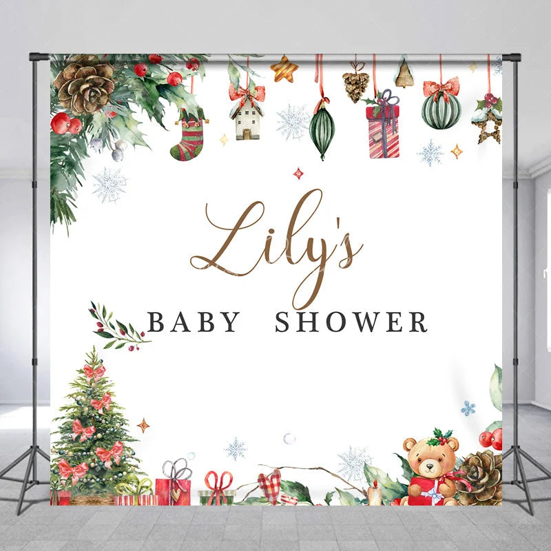 Lofaris Personalized Christmas Baby Shower Backdrop A Merry Little Holiday Teddy Bear Pine Decor