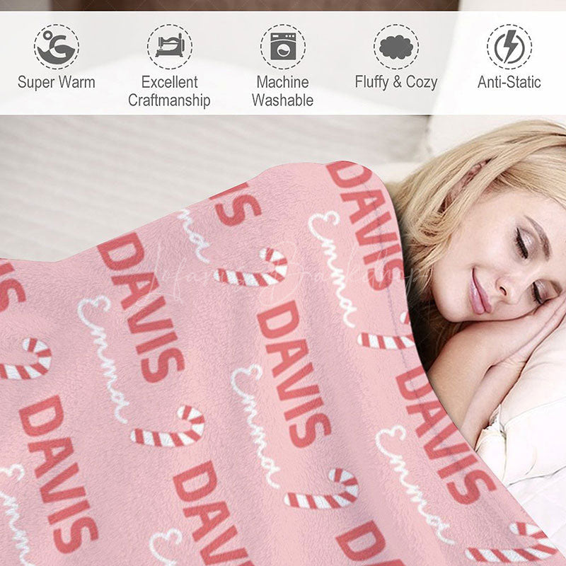 Lofaris Personalized Christmas Candy Cane Blanket with Custom Name Holiday Decor Throw for Kids Pink Xmas Gift