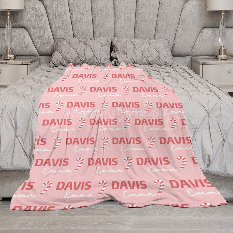 Lofaris Personalized Christmas Candy Cane Blanket with Custom Name Holiday Decor Throw for Kids Pink Xmas Gift