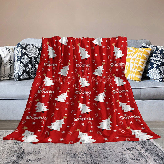 Lofaris Personalized Christmas Tree Blanket with Custom Name Red Holiday Decor White Trees Xmas Gift for Girls