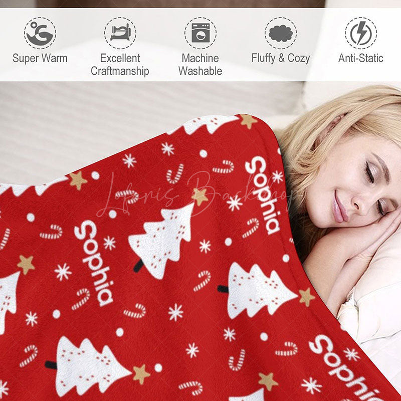 Lofaris Personalized Christmas Tree Blanket with Custom Name Red Holiday Decor White Trees Xmas Gift for Girls
