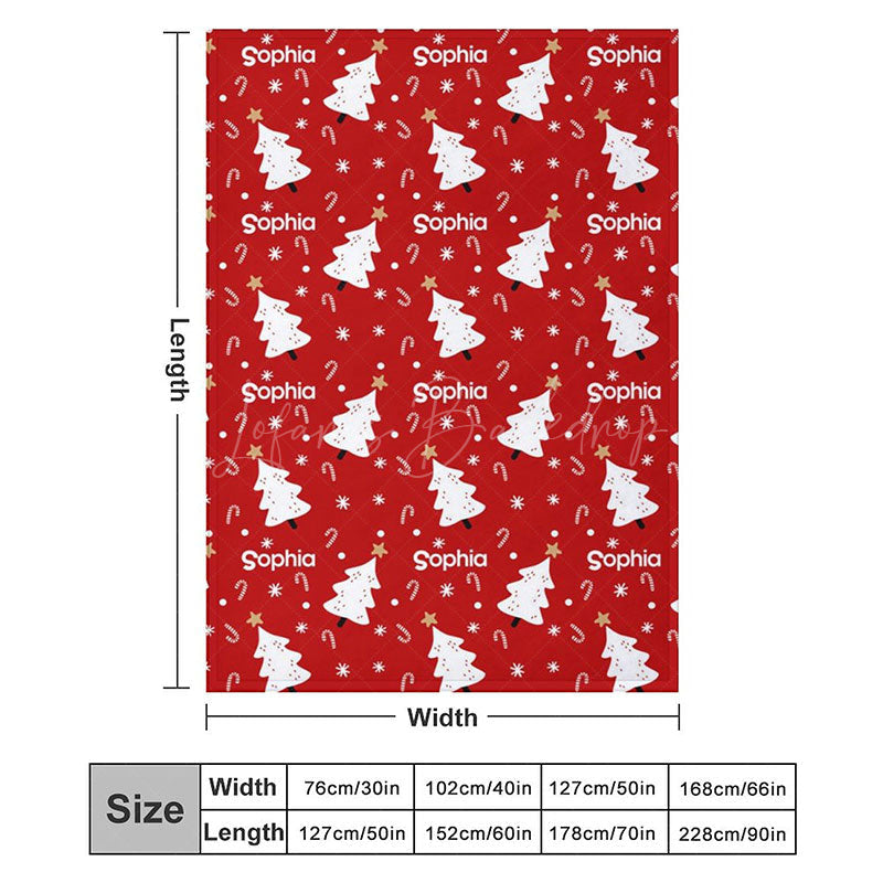 Lofaris Personalized Christmas Tree Blanket with Custom Name Red Holiday Decor White Trees Xmas Gift for Girls