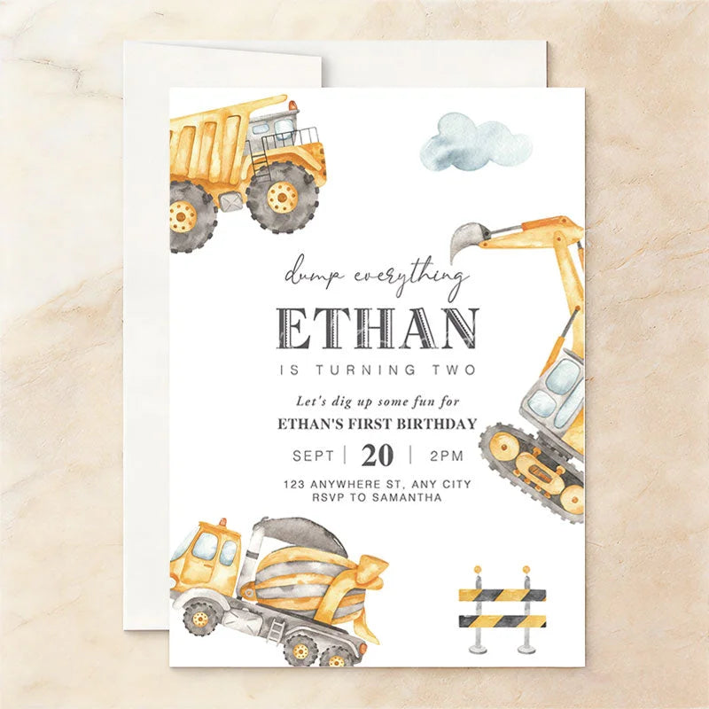 Lofaris Personalized Construction Birthday Invitations Custom Dump Truck and Excavator Party Invites for Kids