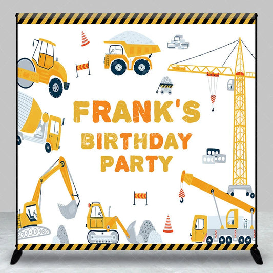 Lofaris Personalized Construction Birthday Party Backdrop Custom Name Yellow Excavator and Crane Truck Background