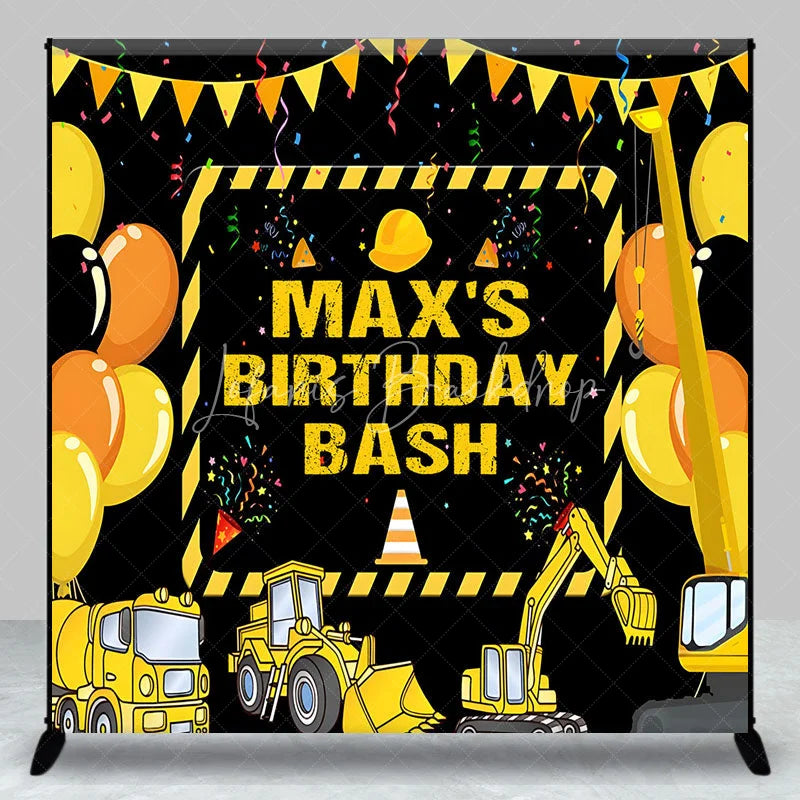 Lofaris Personalized Construction Site Birthday Backdrop Yellow Heavy Equipment and Balloons Party Decor