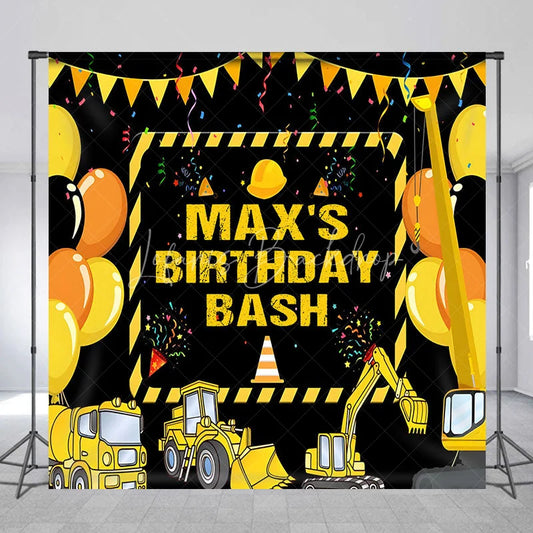 Lofaris Personalized Construction Site Birthday Backdrop Yellow Heavy Equipment and Balloons Party Decor