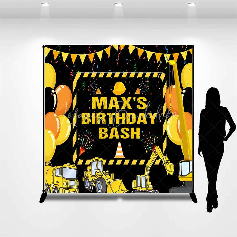 Lofaris Personalized Construction Site Birthday Backdrop Yellow Heavy Equipment and Balloons Party Decor