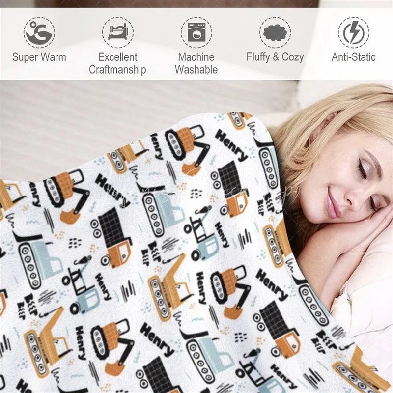 Lofaris Personalized Construction Truck Baby Blanket with Custom Name Excavator and Dump Nursery Decor for Boys