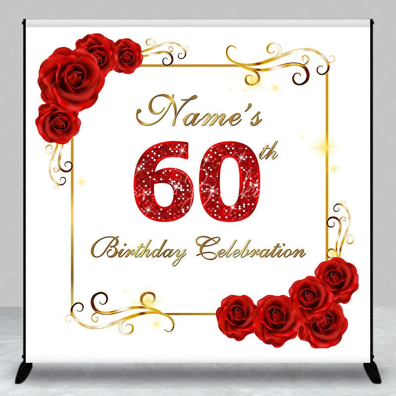 Lofaris Personalized Custom Red Roses Golden Frame Glitter 60th Birthday Celebration Backdrop Elegant Party Decor.
